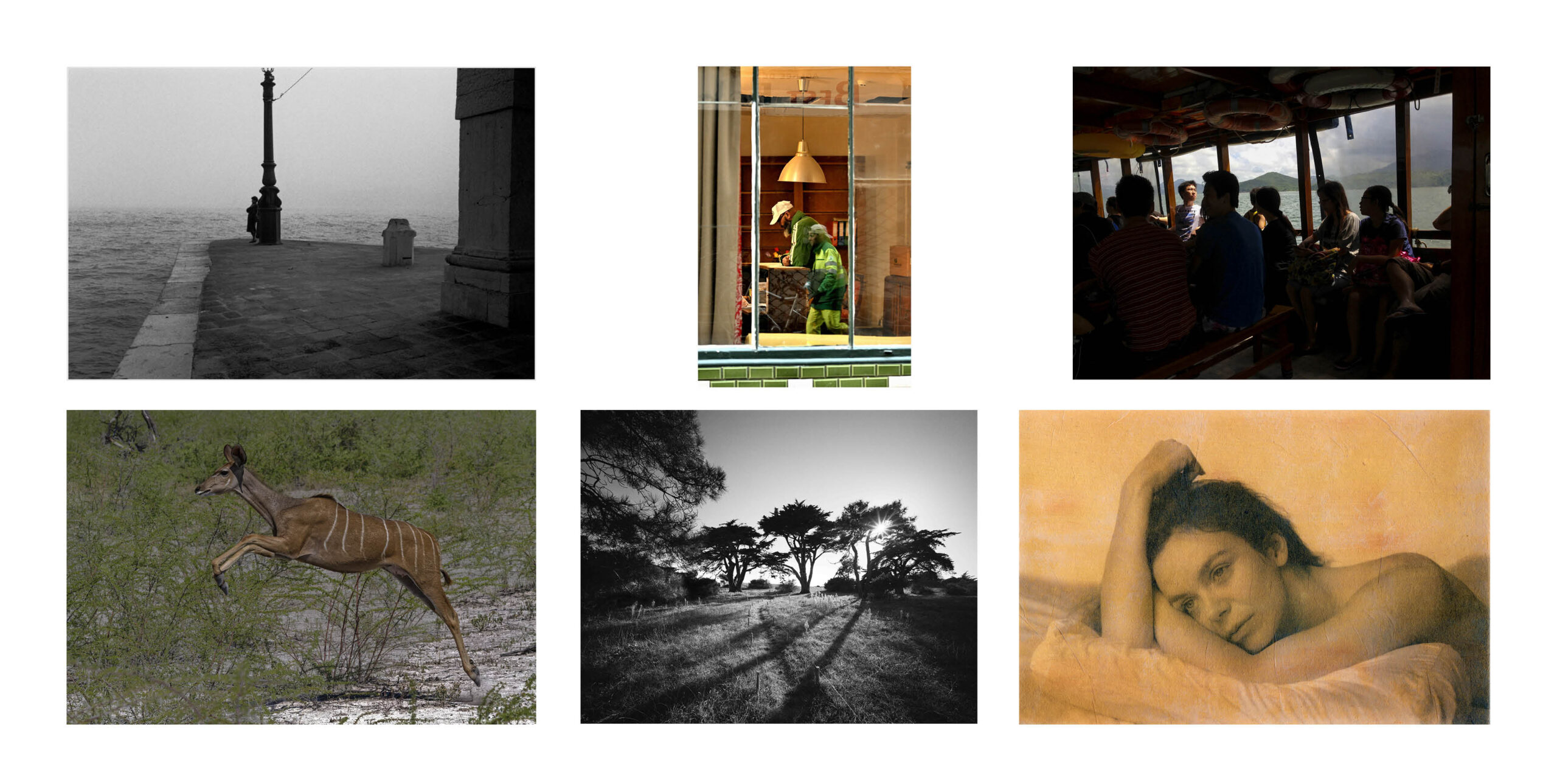 L’image est une composition représentant les sept photographies couleur et noir et blanc qui seront présentées lors du Café images.